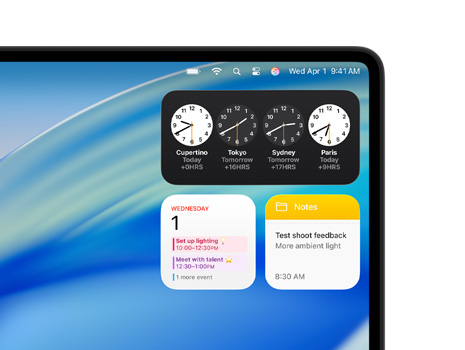 Bureau Mac affichant macOS Tahoe et divers widgets, dont Horloge, Calendrier et Notes.