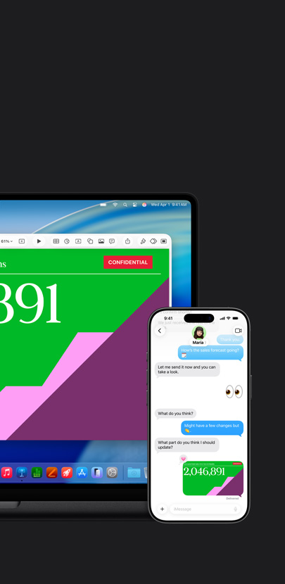 Un Mac affiche une présentation et le fond d’écran macOS Tahoe. Devant le Mac se trouve un iPhone affichant la même présentation dans un échange de textos.