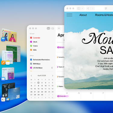 Keynote、Pages、メール、リゾート地のウェブサイトなど、複数のウインドウとアプリが、macOS Tahoeの画面上に表示されている