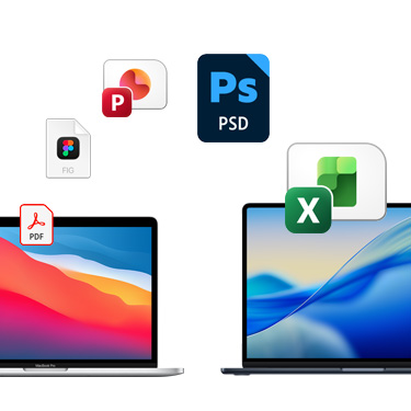 デスクトップにカラフルな背景が表示されている2台のMacBook正面を向いて横に並んでいる。その上に、Acrobat、Figma、PowerPoint、Photoshop、Excelのファイルアイコンが弧を描くように配置されている