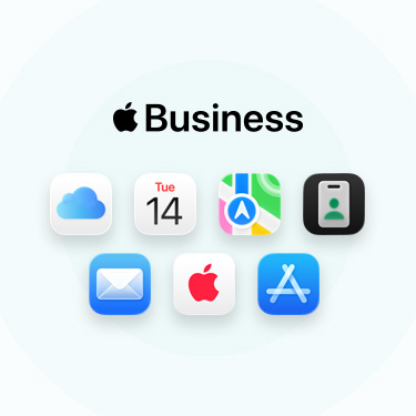 iCloud, 캘린더, 지도, Apple Business, Mail, Apple Care, App Store 등 비즈니스 관련 앱 및 도구 라인업을 보여주는 모습.