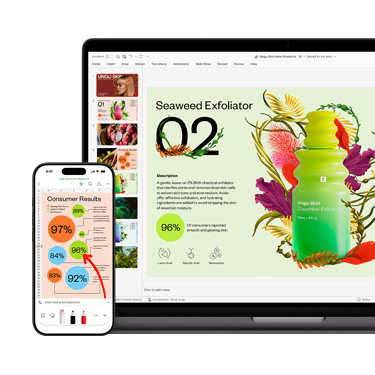 MacとiPhoneの正面画像。それぞれの画面には、スキンケア製品に関する鮮やかでカラフルなプレゼンテーションの異なるセクションが表示されている。