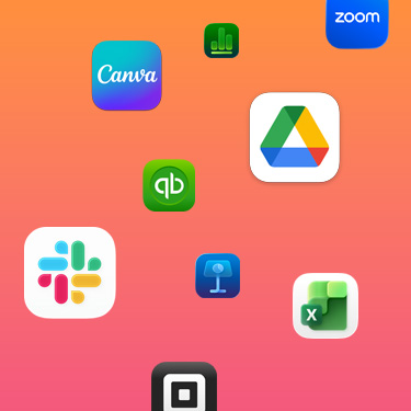 カラフルな背景に、Slack、Canva、Google Workspace、Zoom、Quickbooks、Keynote、Excel、Square、Numbersなど、業務に役立つ様々なアプリのアイコンが表示されている。