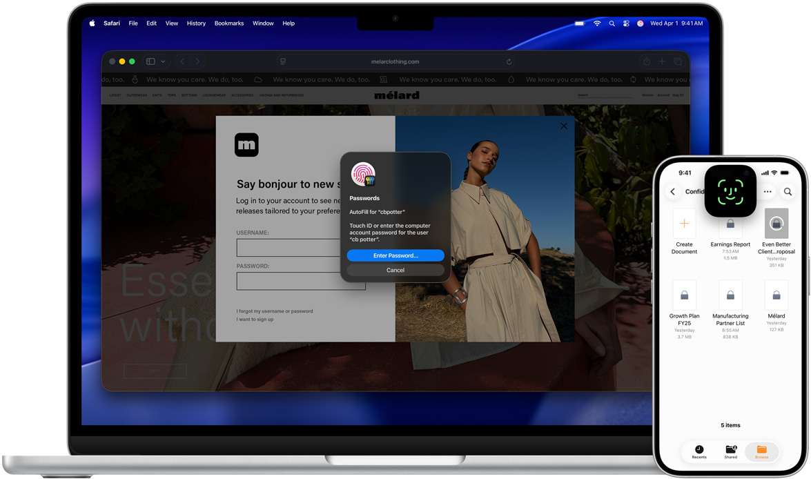 macOS Tahoeの壁紙を背景に、Touch IDのウインドウが表示されたMacBook。MacBookの手前には、Face IDの画面が表示されているiPhoneがある