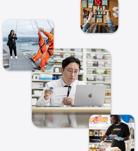 様々なスモールビジネスの画像：白衣を着てMacBookの画面を確認している薬剤師、バンジージャンプをしようとしている2人の写真をiPhoneで撮影しているインストラクター、iPadを片手に食材を確認している男性、テーブルに並べた靴下の写真をiPadで撮影している女性。