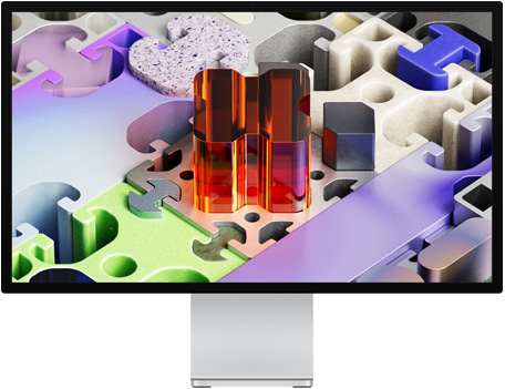 Framsidan av Studio Display XDR med en tredimensionell bakgrundsbild som liknar ett pussel