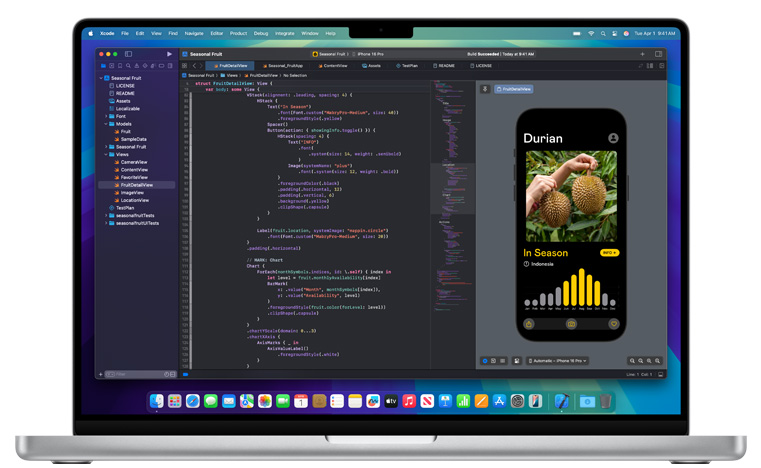 Un MacBook ouvert affichant l’app Xcode.