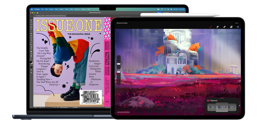 Des apps de design affichées sur un MacBook et un iPad, avec un Apple Pencil Pro à côté du iPad.