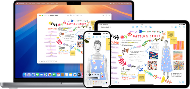 Un MacBook, un iPhone e un iPad mostrano tutti la stessa lavagna Freeform intitolata Pattern Study.