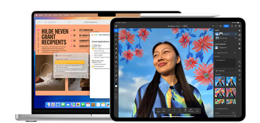 Un MacBook y un iPad con apps que muestran integraciones de IA