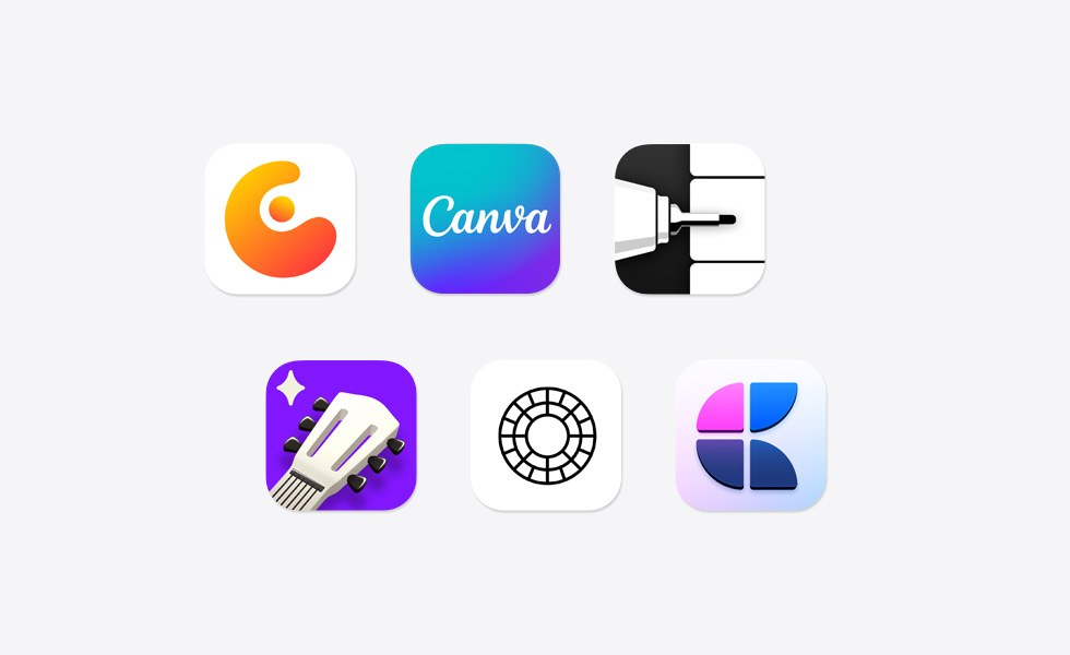 Varios iconos de apps desperdigados, entre ellos los de Concepts, Canva, Flow Note Taking, Simply Guitar, VSCO y Craft