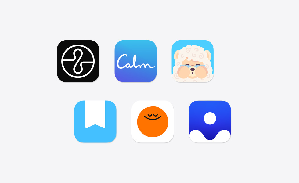 Varios iconos de apps desperdigados, entre ellos los de Endel, Calm, Mindllama, Day One Journal, Headspace y Clearful