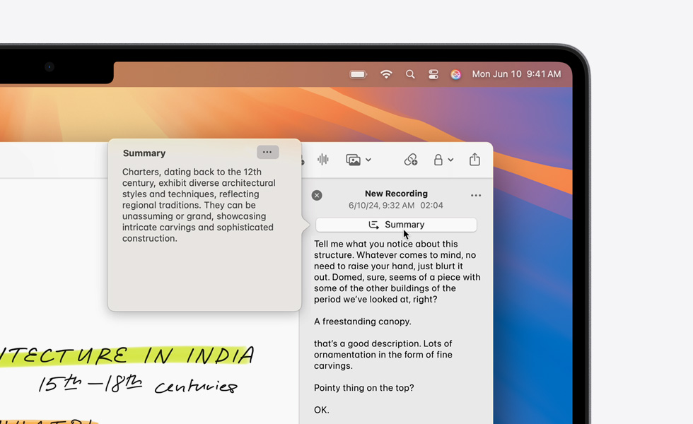Resumen de una transcripción de audio creado con la herramienta Resumen de Apple Intelligence en la app Notas de un MacBook