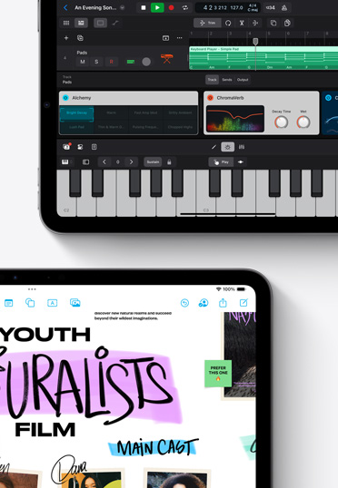 Dos iPad muestran las apps Logic Pro y Freeform.