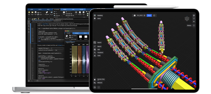 Un MacBook y un iPad muestran apps de ciencias, tecnología, ingeniería y matemáticas. Al lado del iPad hay un Apple Pencil Pro.