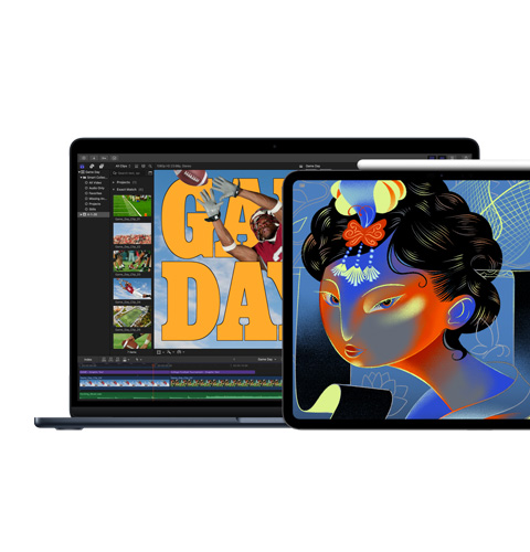 Pantalla de una Mac que muestra Final Cut Pro, pantalla de un iPad que muestra Procreate Dreams