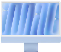 iMac, vista frontal, azul, cámara en la parte superior central, fondo de pantalla abstracto azul.