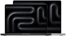 Laptops MacBook Pro, una más pequeña delante de otra más grande, abiertas, fondo de pantalla plateado y negro con un diseño geométrico.