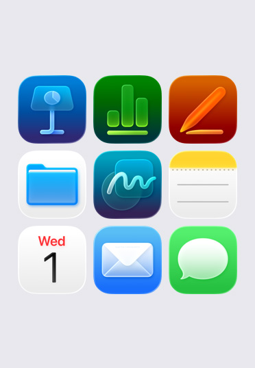 Íconos de apps de Apple, dispuestos en una cuadrícula de 3 x 3: Keynote, Numbers, Pages, Archivos, Notas y Calendario.