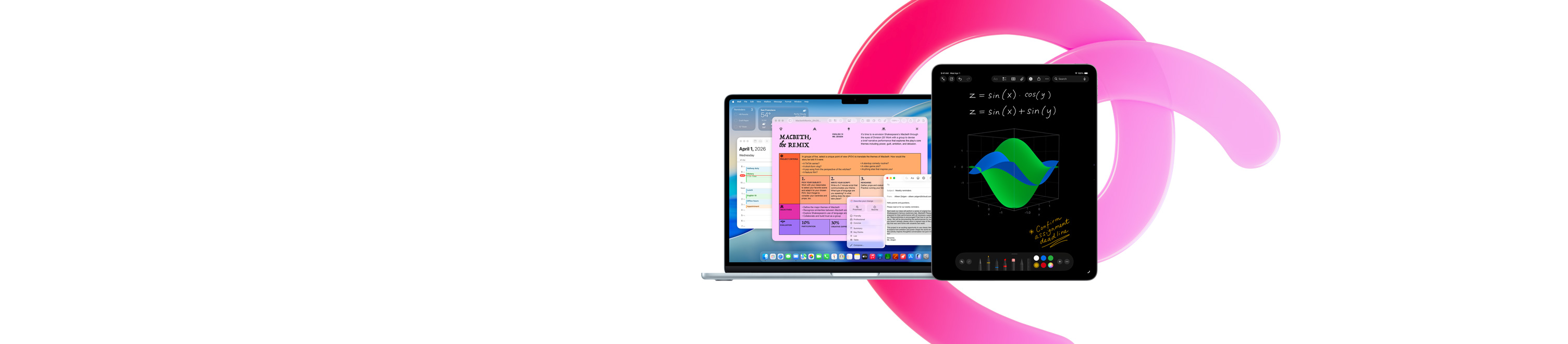 Pages、カレンダー、アラート、メールが表示されているMacBook Air。その隣には計算メモで手書きの数式が表示されているiPad。内蔵アプリによる生産性向上を示している