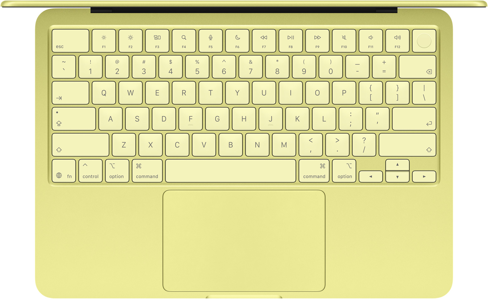 Widok z góry na MacBooka Neo w kolorze cytrusowożółtym, klawiatura z rzędem klawiszy funkcyjnych o pełnej wielkości, przycisk Touch ID, gładzik