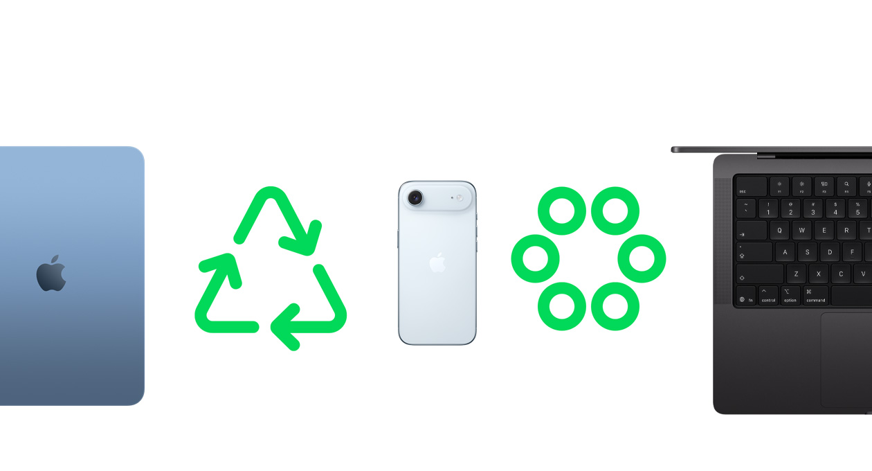 Tył iPada Air w kolorze niebieskim, zielona ikona recyklingu, tył iPhone’a Air, zielona ikona obiegu materiałów, częściowo widoczna klawiatura MacBooka Pro