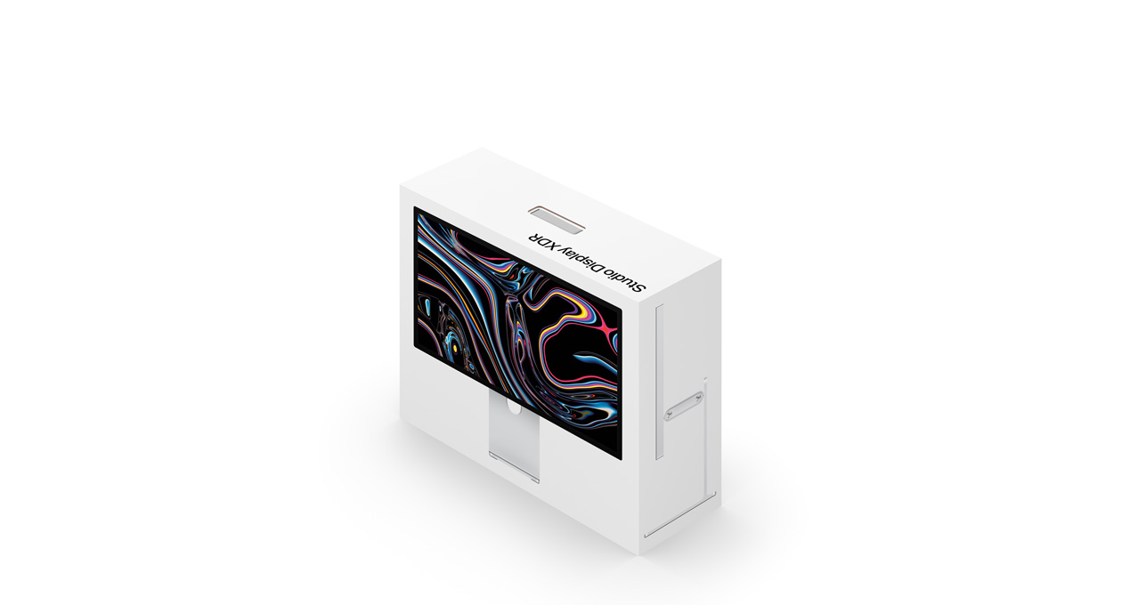 Studio Display XDRの白いパッケージ。箱の外側に製品の画像が印刷されている