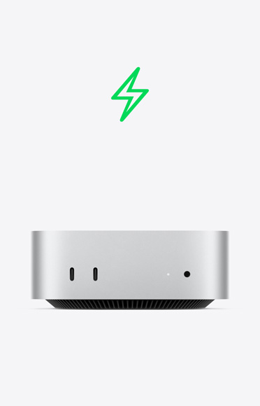 緑色の稲妻のアイコン、Mac miniの前面、2つのUSB-Cポート、ステータスインジケータのライト