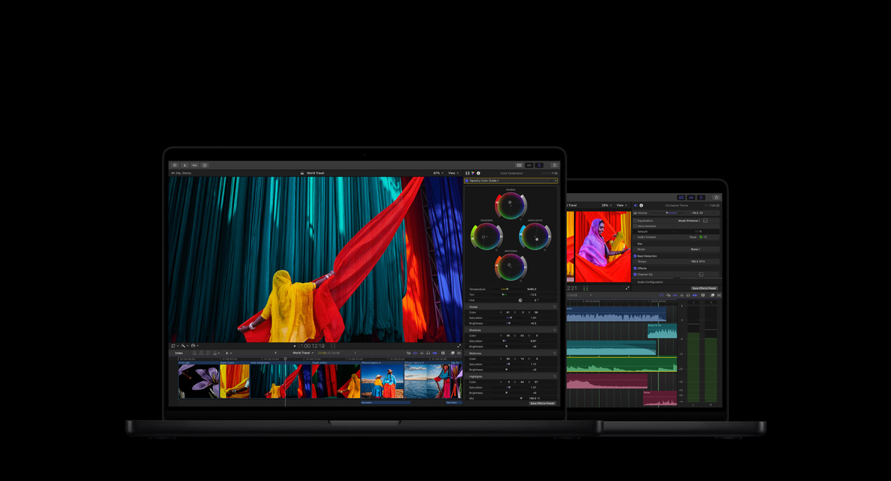 MacBook Pro 16 showing colour grading tools, woman in a yellow sari with red fabric on a blue background, MacBook Pro 14 showing edit screen showing audio waveforms and EQ tool