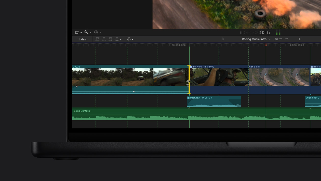 MacBook Pro 16, Screen showing car racing with demonstration of Beat Detection feature