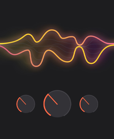 Screen with yellow, pink, orange soundwaves, three grey circles with red partial outline, sound editing