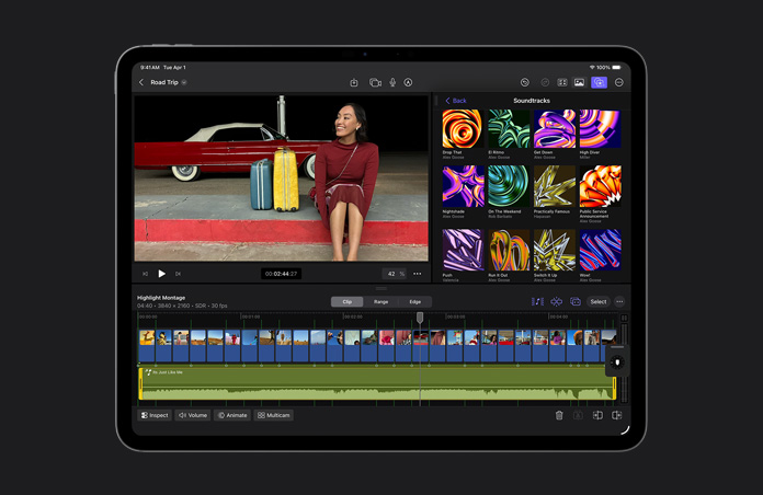 Screen showing UI of a montage of a woman sitting on the pavement with a classic car behind her and luggage next to her, montage slides below, sound editing bar at the bottom of screen