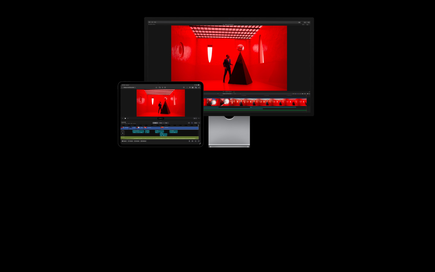 Final Cut Pro edit in progress, man in a blue suit in a red room placing a giant white pearl on top of a black pyramid