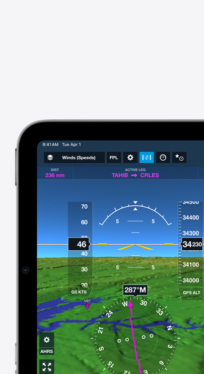 風速および風向と、山を表す稜線が示された地形がわかるフライトマップが、iPadに表示されている