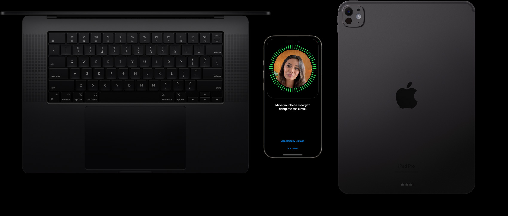 スペースブラックのMacBook、ナチュラルチタニウムのiPhone、スペースブラックのiPadが横並びに配置され、iPhoneにFace IDの設定画面が表示されている