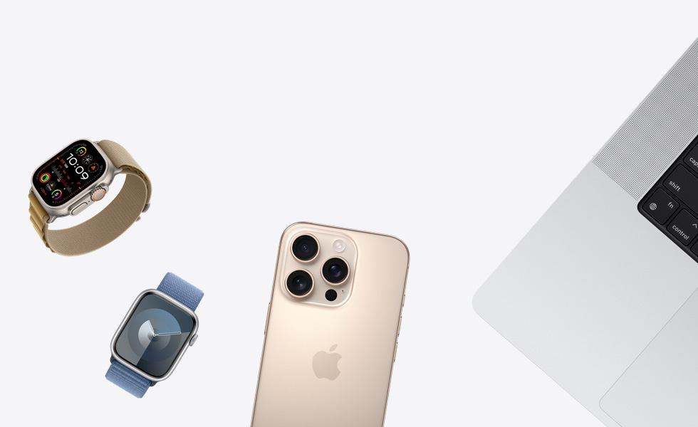 タンアルパインループバンドを組み合わせたナチュラルのApple Watch、ペリウィンクルスポーツループバンドを組み合わせたシルバーのApple Watch、デザートチタニウムのiPhone、シルバーのMacBookなど、様々な製品が点在している