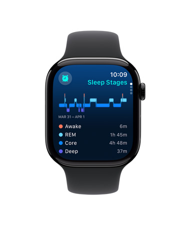 Apple Watch Series 10 mostrato di fronte, cinturino Sport nero, interfaccia con scritto Sonno, Fasi del sonno, Analisi e Ore di sonno