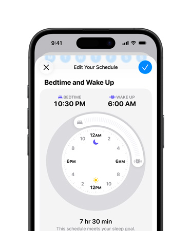 iPhone,開啟了健康 app 的睡眠時間表頁面,睡眠時間設為 22:30,醒來時間設為 6:00,螢幕中央為圓形的時間錶面圖案,且表示已達 7 小時 30 分鐘的睡眠目標