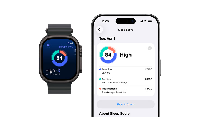 Apple Watch Ultra 3,黑色鈦金屬錶殼,展示睡眠分數圓圈圖表及評分、機身左側設有動作按鈕,機身右側設有數碼錶冠、側邊按鈕,配搭黑色海洋錶帶;已配對的 iPhone 上開啟了完整睡眠分析