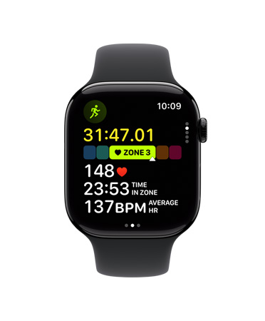 Widok z przodu Apple Watch Series 10 z czarnym paskiem sportowym, na ekranie: Trening, Bieg w plenerze, Strefy tętna