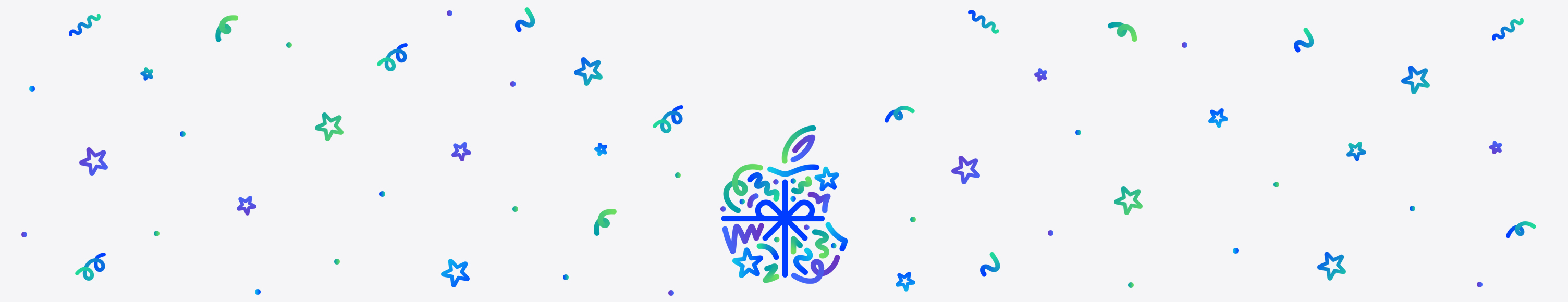 様々な色調のブルー、グリーン、パープルのドット、不規則な線、ループした線、星の形がAppleのロゴの後ろから飛び出すように広がっている。Appleのロゴは様々な色調のブルー、グリーン、パープルのドット、不規則な線、ループした線、星の形でできていて、ブルーのリボンがかけられている