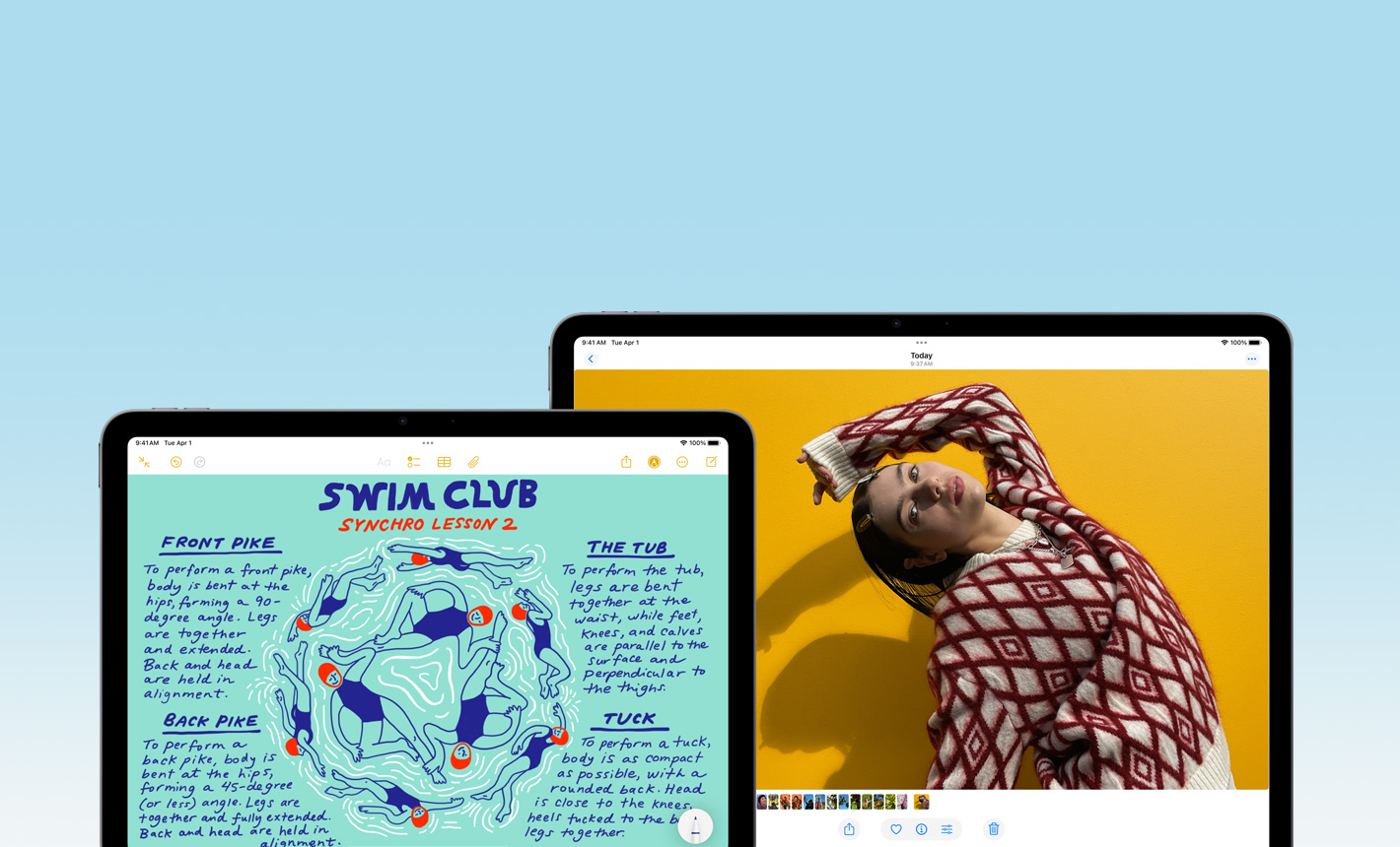 Vue avant d’un iPad Air 11 pouces affichant Notes et d’un iPad Air 13 pouces affichant Photos pour présenter les différents formats