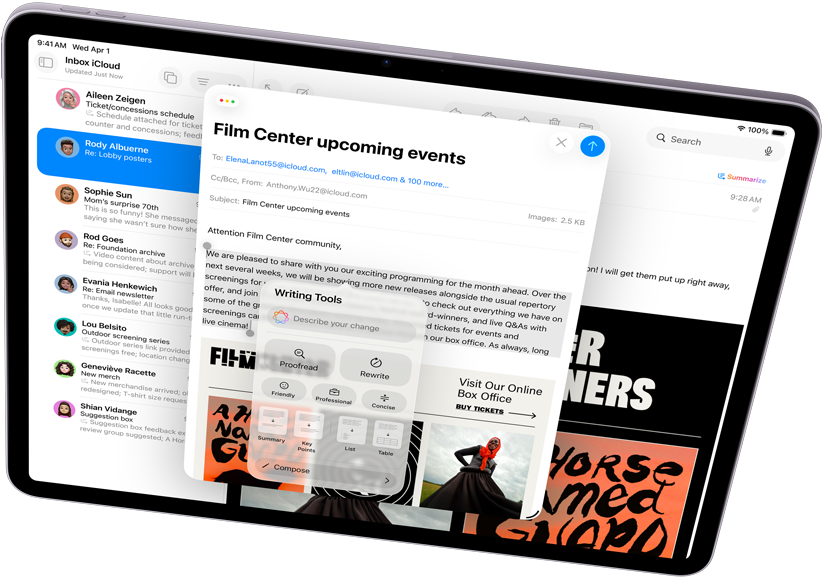 iPad Air i liggande läge visar upp Apple Intelligence med Skrivverktyg och Mail