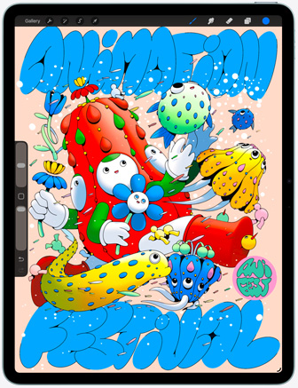 iPad Air, front exterior, displaying Procreate app, colourful digital artwork featuring various characters and objects