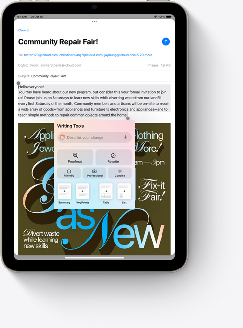 iPad mini med skrivverktyg i Mail, en ny Apple Intelligence-funktion.