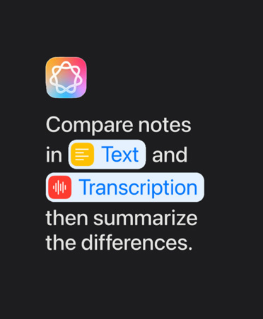 Apple Intelligence 圖示和文字提示：Compare notes in Text and Transcription then summarize the differences