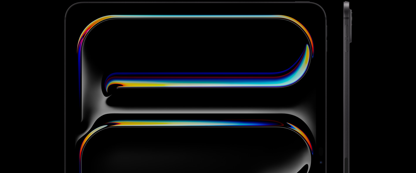 iPad Pro, front exterior, portrait orientation, space black colour, rounded corners, black display bezel, display showing multicoloured, curved line art, at right, iPad Pro, side exterior, portrait orientation, thin design, volume-up button, volume-down button, raised pro camera system