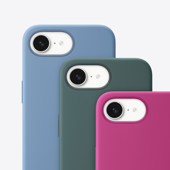 Vista posterior de las fundas de silicón para el iPhone 16e en azul invierno, verde lago y fucsia.