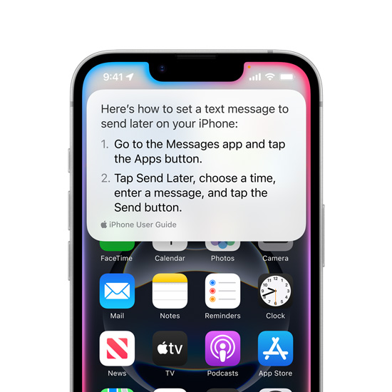 iPhone 16e showing text pop-up from Siri with instructions on how to set a text message to send later.