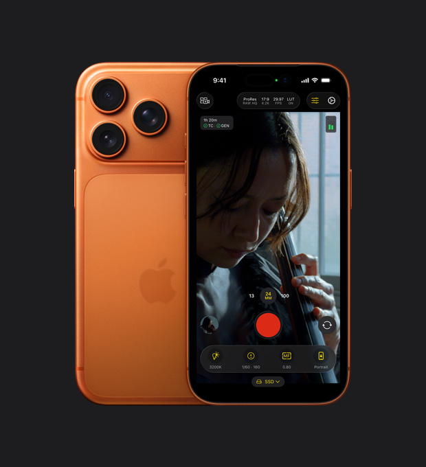 iPhone 17 Pro 螢幕畫面，展示錄製一名女子拉大提琴時的 ProRes RAW 功能